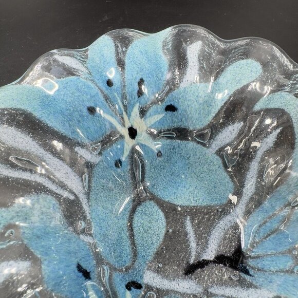 Sydenstricker Bowl Dish Fused Art Glass Ruffled Bowl Clear Blue Flowers Signed - Picture 8 of 15